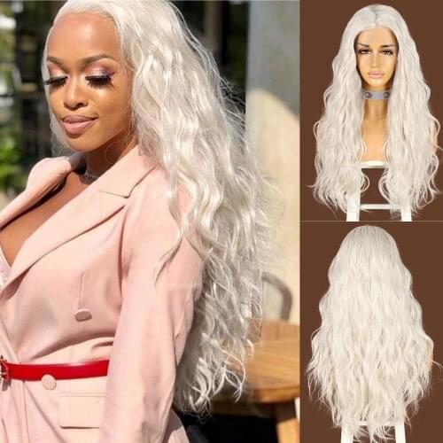 Futura Fiber Long Synthetic Lace Front Wigs Silver Grey Water Wave Hair for Women Daily High Temperature Make Up Top Quality