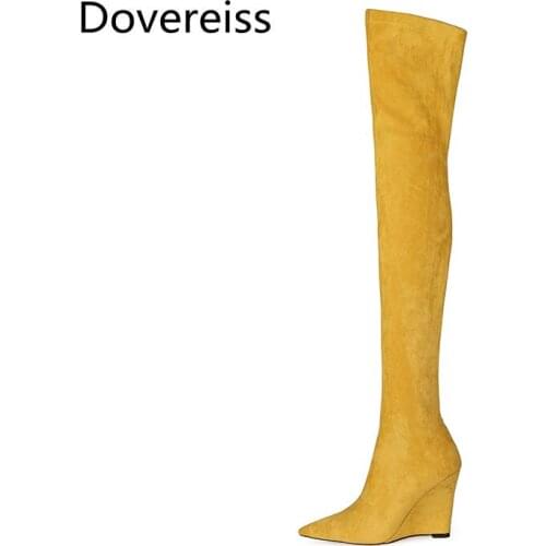 Dovereiss Fashion shoes For Woman Winter Sexy Pure Color Suede Blue Pointed Toe Elegant Wedges Over The Knee boots Mature 34-43
