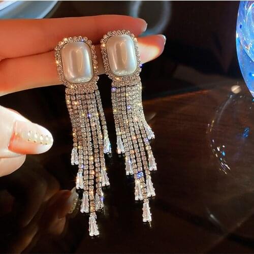 Exknl Long Tassel Full Rhinestone Drop Earrings for Women Pearl Geometric Crystal Dangle Earrings Fashion Jewelry Accessories