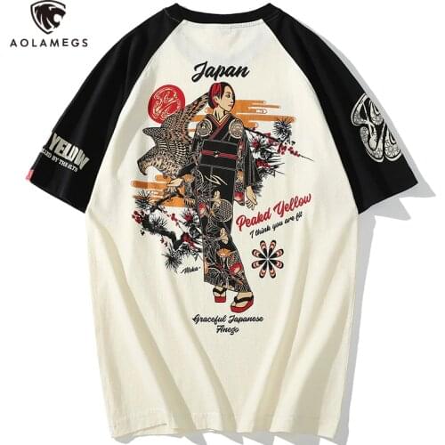 Aolamegs Oversize T-shirt Men Casual Short Sleeve Tshirt Japanese Geisha Eagle Print Tops Tee Shirts Hip Hop Harajuku Streetwear