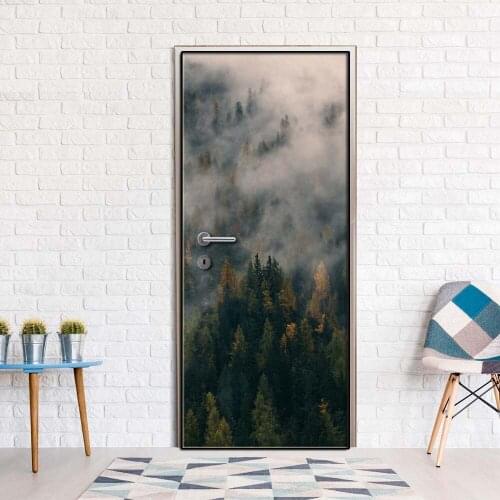 Creative Door Sticker Fog Forest Door Cover Wall Stickers Kitchen Wallpaper Renew Mural Decal Home Decor