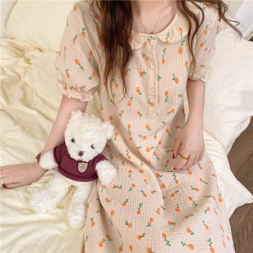 Summer Nightgown Korean Furit Print Sleepwear Long Loose Kawaii Soft Cotton Nightdress Short Sleeve Sweet Girls Buttons Cute