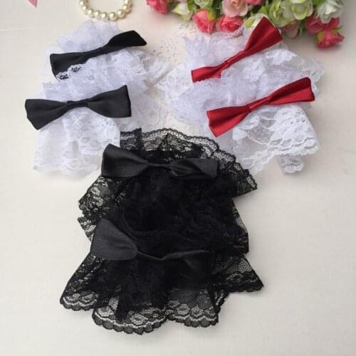 Gothic Lolita Wrist Cuffs Sweet Satin Bow Ruffles Floral Lace Tulle Bracelet Wristband Japanese Maid Cosplay Hand Sleeve