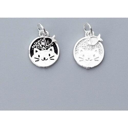 925 Sterling Silver Cute Round Kitty Tag Charms Diy Jewelry Make 13mm Craft Bracelets Pendant Accessories Women Silver Necklace