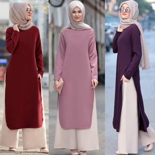 Muslim Abaya Dress Top Arab Turkey Dubai Short Solid Color Side Slit Eid Ranmadan Lslamic Clothing Ropa Dress Two-Piece Suit