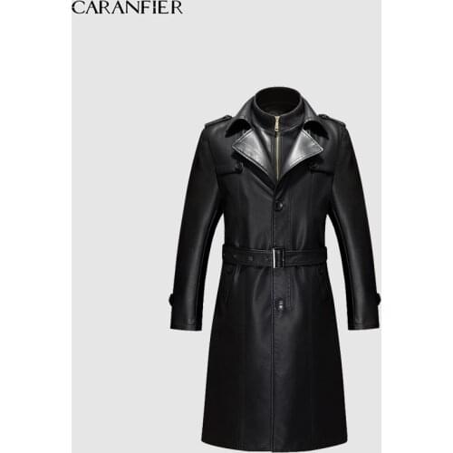 CARANFIER Mens Jackets Genuine Leather Sheepskin Coats Top Quality Mid-Long Trench Winter Warm Plus Velvet Business Outerwear