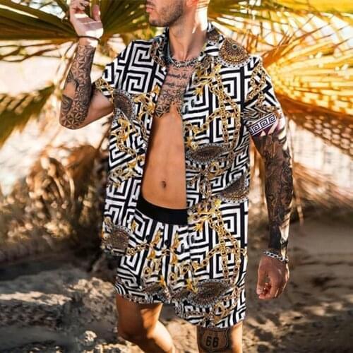 NEW Men Hawaiian Sets Printing 2021 Summer Short Sleeve Button Shirt Beach Shorts Streetwear Casual Mens Suit 2 Pieces