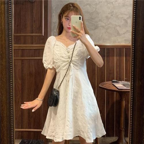 2021 Summer New Dress Fashion Temperament Pure Color Wild V-neck Waistband Was Thinner Niche Pleated Bubble Age Reduction