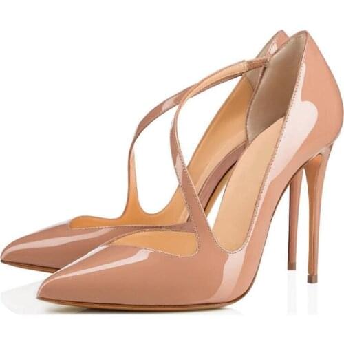 Sexy Woman Heels High Shoes Pumps Nude Patent LeatherPointed Toe Cut-out Cross Straps Stiletto Heels Women Shallow Pumps Office