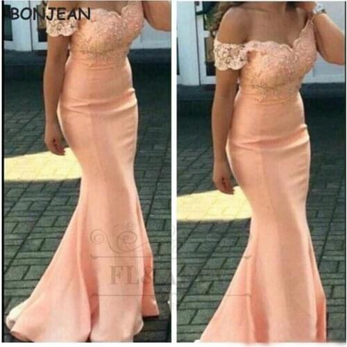 Off Shoulder Mermaid Bridesmaid Dresses 2021 Lace Short Sleeves Elastic Satin Black Girls Bridesmaid Dress Wedding Party Dress
