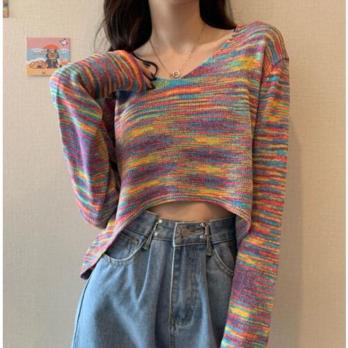 Rainbow Woman Tshirts Long sleeve Top Korean Loose Womens T-Shirt Knitted Autumn Winter 2020
