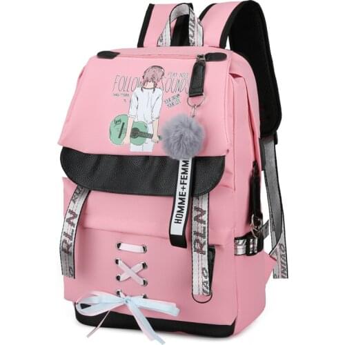 Women Backpack USB Printing Fashion School Backpacks Girls Pink Back Pack Large Youth Cute Nylon College Bagpack Ribbon