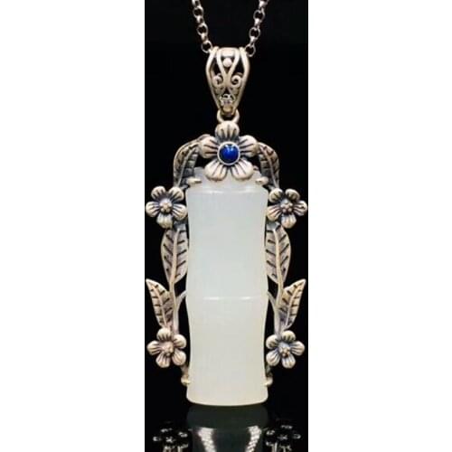 S925C Sterling Silver Inlaid Natural Hetian White Jade Steadily Rising Retro Pendant Jewelry