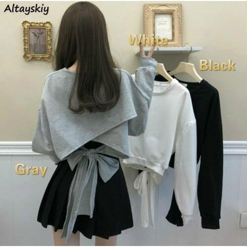 Hoodies Women Solid Bow Bandage Back Elegant O-Neck All-match Sweet Womens Plus Size Korean Style Thin Autumn Fashionable Tops