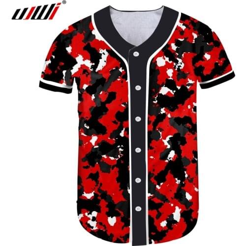 UJWI Man Slim Fit New Short Baseball Jersey Shirt 3D Printed Red Camouflage Trend Large Size Coat Unisex Button T-shirt
