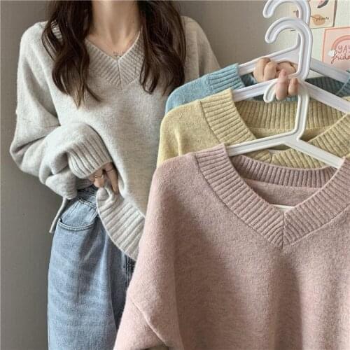 Spring Autumn Soft Waxy Gentle Base Knitted Sweater Womens 2021 New V-neck Long Sleeve Lazy Style Loose Trend H197