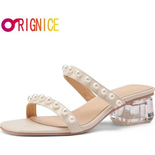 Orignice 2021 Pearl Women Sandals Slippers Fashion Design Genuine Leather Square Toe Slides Summer Dress Prom Shoe Large Size 45