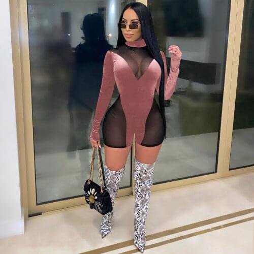 Velvet Skinny Women Playsuits 2021 Zipper Turtleneck Long Sleeve Casual Mesh Pacthwork Jumpsuits Sexy Romper Jumpsuit
