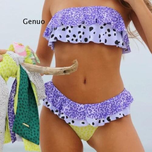 Patchwork Print Beachwear Two Piece Tube Top Swimwear for Women Sexy Ruffles Bikini Set 2020 New Designer Bathing Suit