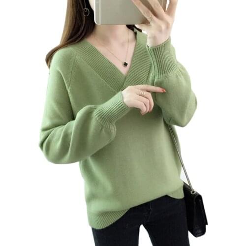 9 colors 2019 autumn and winter Women fashion Knitted V-Neck Sweater Casual Lantern Sleeve Loose Pullovers women