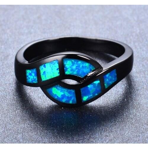 Luxury Female Blue Fire Opal Ring Vintage 14KT Black Gold Wedding Rings For Women Promise Love Infinity Engagement Ring