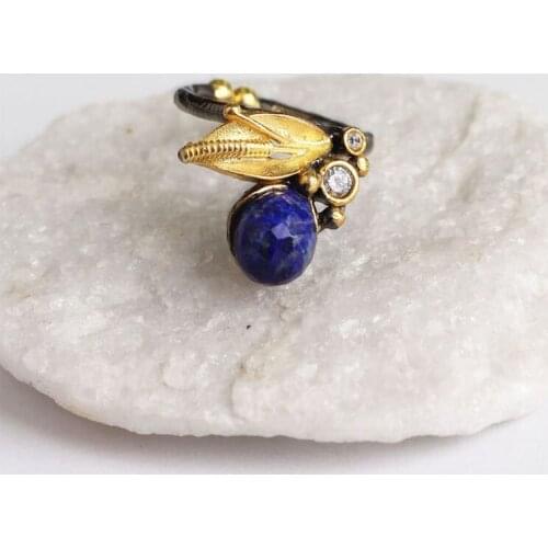 Blue Lapis Lazuli Gold Plated Womens Silver Ring, Woman 925 Silver Lapis Lazuli Handmade Ring,Oval Lapis Lazuli Ring