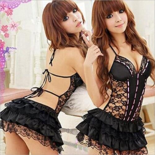 Woman Sexy Lace Suspenders Deep V Halter Babydoll Erotic Passion See-through Mini Dress Cosplay Holiday Pajamas Thong Panty Set