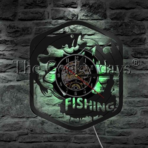Fishing Sign Fishing Rod Fish Hook Vinyl Record Wall Clock Modern Wall Lamp Big Fish LED Night Light For Fisherman Gift