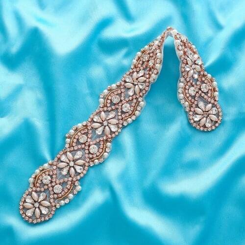 Rose Wedding Dresses Accessories Belt Rhinestones Beads Appliques Sewing On Bridal Sash Path Clear Gold Crystal Wholesale S129