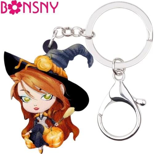 Bonsny Acrylic Halloween Cartoon Magical Witch Key Chain Keychain Ring Fashionable Jewelry For Women Girls Ladies Bag Car Charms