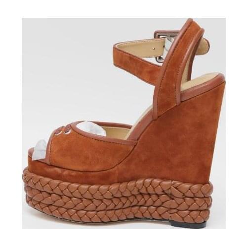 Carpaton High Quality Suede Platform Wedge Sandals Peep Toe Rope Braided Buckle Strap Summer Shoes Super High Party Dress Heels