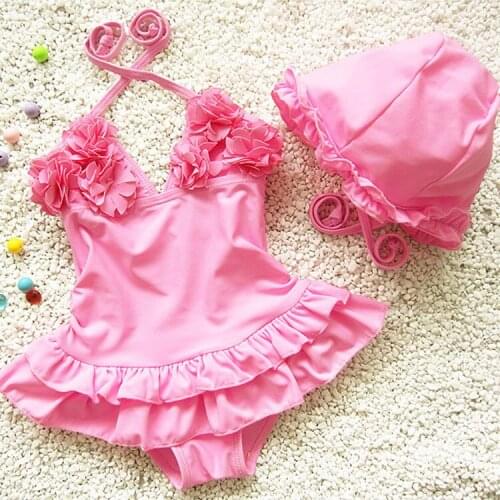 Girls one piece swimwear 3colours children swimming suit infant swimsuit girls rash guard kids bathing suits with cap