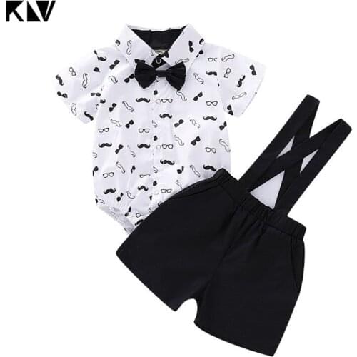 KLV 2PCS Set Newborn Baby Infant Short Sleeve Romper Gentlemen Mustache Bow Tie Jumpsuit Overall Bib Pants Shorts Suit