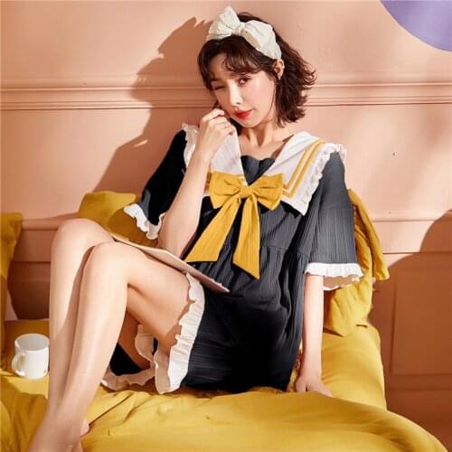 Women Pajamas Sets Summer Oversized Cotton Cute Short Sleeve Home Wear Korean Black Doll Collar Princess 2 Piece Set Sleepwear