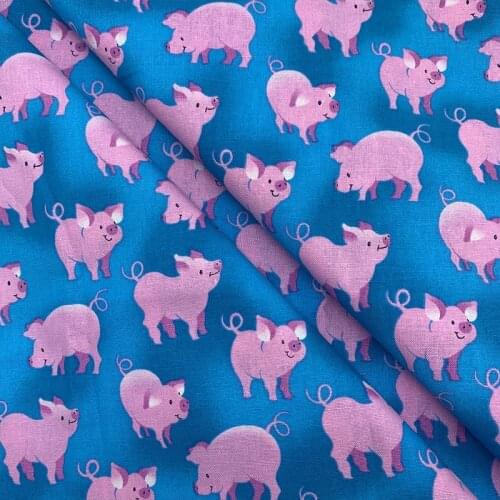 Beautiful 100% Cotton Fabric Blue Bottom Cartoon Pig Pattern Digital Print Sewing Material DIY Home Patchwork Dress Clothing