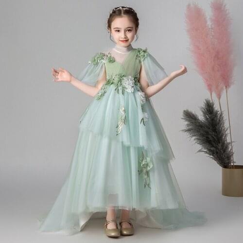 Flower Girl Dresses Illusion High Short Embroidery Appliques Pleat Princess Tulle Lace Luxury Light Green Kids Party Gown H661