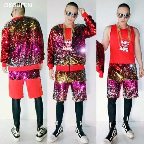 Super flash colorful red sequins Jacket hip hop baseball dance costumes nightclub Male singer DJ stage performance coat