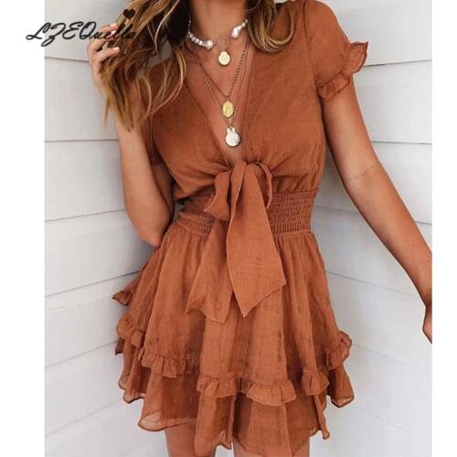 LZEQuella Women Ruffle Bowtie Mini Dress Summer 2021 Solid V Neck Ladies Casual Dresses A Line Chic Party Dress Vestidos Mujer