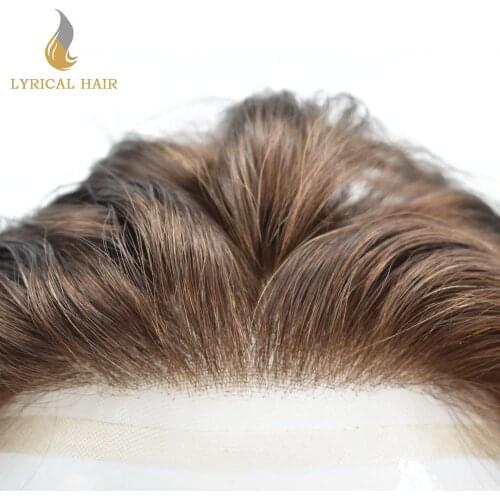 French Lace Front Skin Mens Toupee Hairpiece Human Hair Poly Pu Replacement Systems Bleached Knots Wig with Natural Hairline