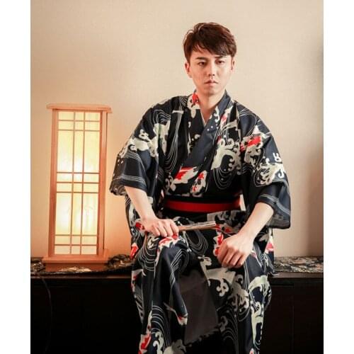 Masculino koi peixe onda quimono com obi festival tradicional vestido cosplay samurai quimono trajes dh053