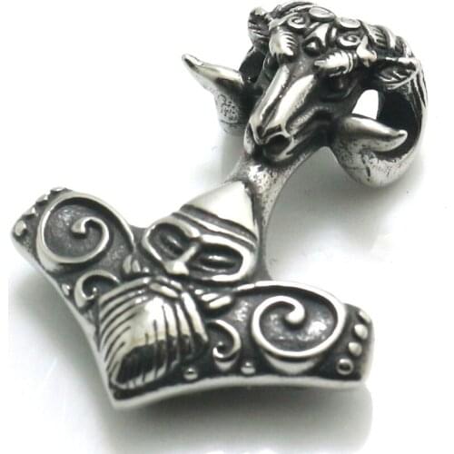 Mens 316L Stainless Steel Thors Hammer Punk Gothic Vikings Ram Head Pendant Newest