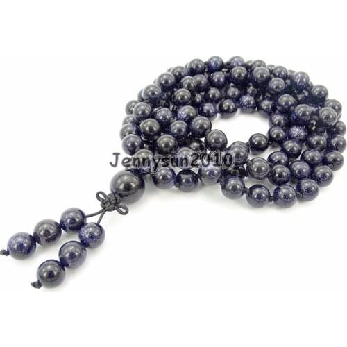 Natural 8mm Blue Sand Gems Stones Buddhist 108 Beads Prayer Mala Knot Bracelet Necklace Multi-Purpose 5Strands/Pack