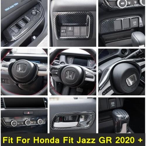Window Lift / Head Lights Switch / Door Handle Bowl Cover Trim Carbon Fiber Look Interior Refit Kit For Honda Fit Jazz 2020 2021