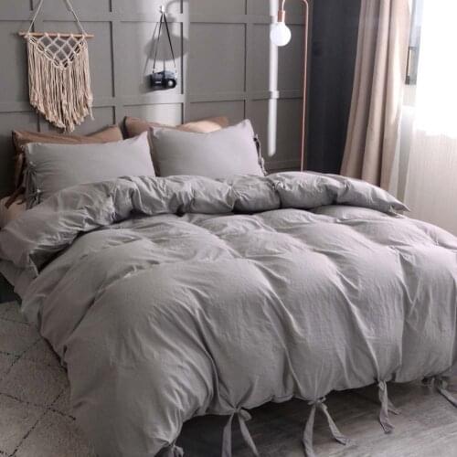 Lace Up Washed Cotton Duvet Cover Pillowcases Solid Printing Skin-Friendly Microfiber Bedding Sets Simplicity Home Textile