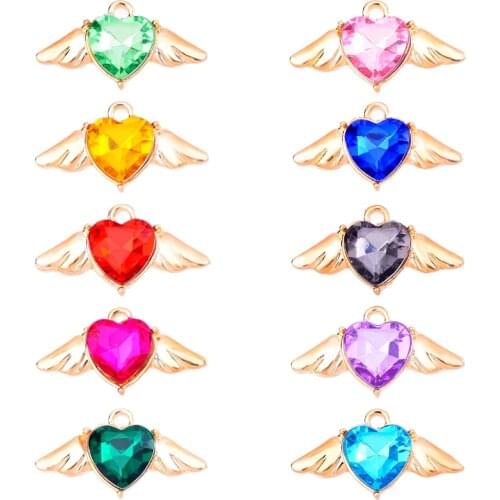 10 Pcs Fashion Colorful Heart Crystal Wings Charms Gold Accessories For Womens Earrings Bracelets DIY Jewelry Making Supplies