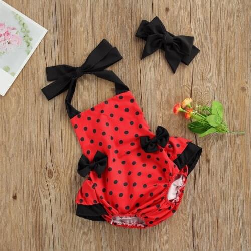 Baby Girl’s Casual Bandage Halter Romper Cute Polka Dot Print Bow Jumpsuits and Headband