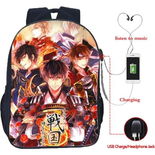Mochilas Ikemen Sengoku Toki Wo Kakeru Koi Backpack Students SchoolBags USB Charging Laptop Rucksack Boys Knapsack Kids Bookbag