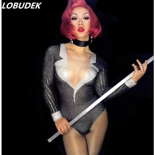 Sexy V-collar Full Diamond Bodysuit Bar nightclub Female DJ Singer DS costumes Stage Pole dancing jazz performance dance suits
