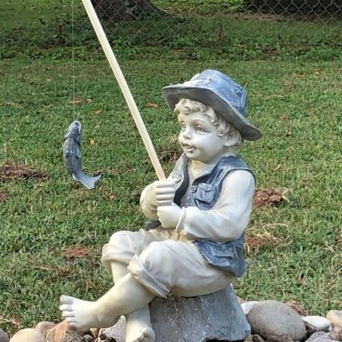 Fishing Little Boy Statue Outdoor Decal Fisher Boy Figurine Decor Fisherman Sculpture Home Garden Yard Pool Ornament