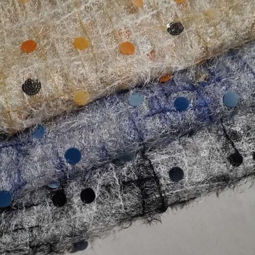 New Messy Mesh Cloth Bottom Tassel Big Sequin Embroidery Imitation Fur Fabric Net Fabric Designer High Fashion Chic Fabric